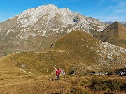 30 In ripida salita su labile traccia sul costone nord erboso di Cima Foppazzi con vista in Arera